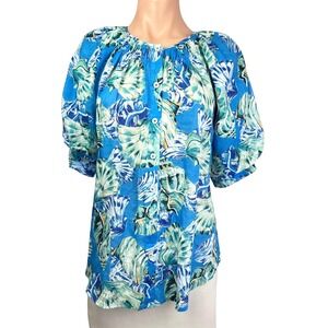 Chico's Size 1/M Blouse Button Front Short Puff Sleeve Blue/White/Yellow